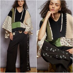 POL Women's V-Neck Sweater - Black, Green, Cream Patchwork